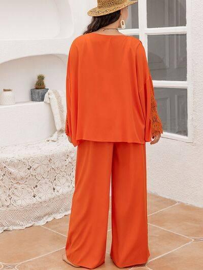Plus Size Lace Detail Long Sleeve Top and Pants Set - Clothes For Her Online Store