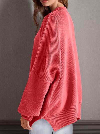 Double Take Side Slit Round Neck Long Sleeve Sweater - Clothes For Her Online Store