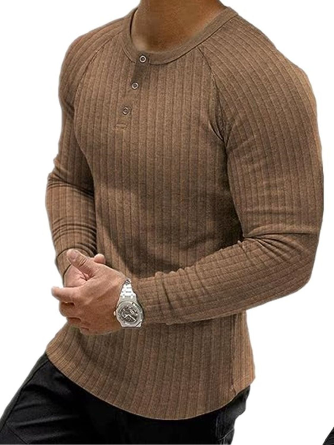 Men's Full Size Ribbed Round Neck Long Sleeve T-Shirt Plus Size - Clothes For Her Online Store