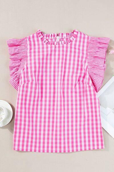 Checkered Ruffled Sleeve Frilled Neck Blouse - Clothes For Her Online Store