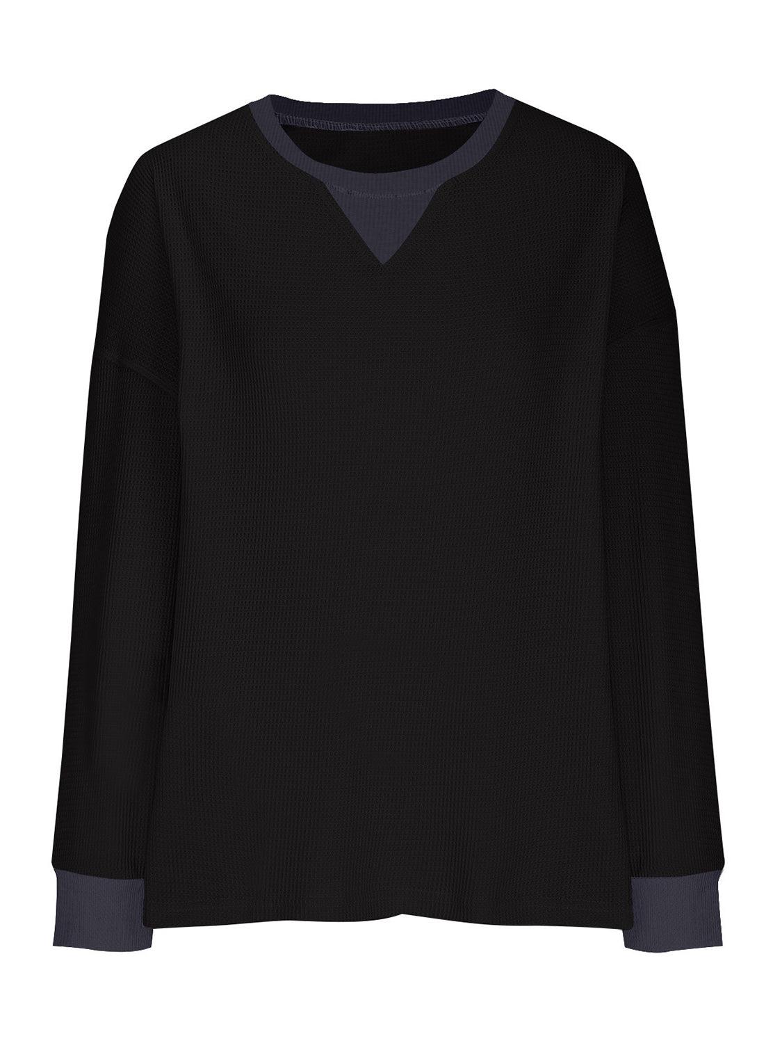 Waffle Knit Round Neck Long Sleeve T-Shirt - Clothes For Her Online Store