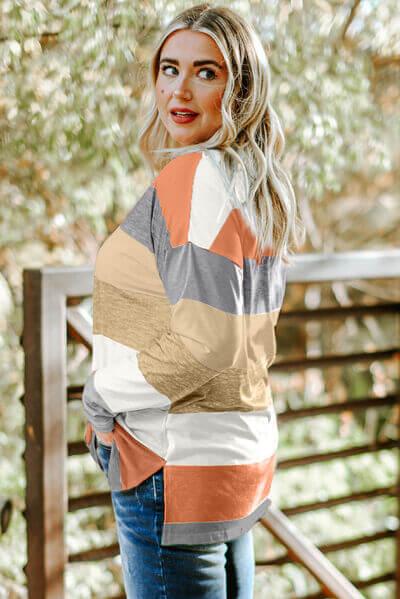 Plus Size Striped Slit Long Sleeve T-Shirt - Clothes For Her Online Store