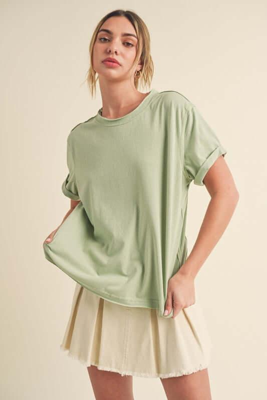 Aemi + Co Exposed Seam Round Neck Short Sleeve T-Shirt - Clothes For Her Online Store