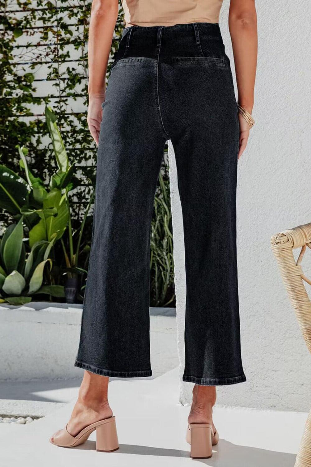 Button Fly Cropped Wide Leg Jeans - Clothes For Her Online Store