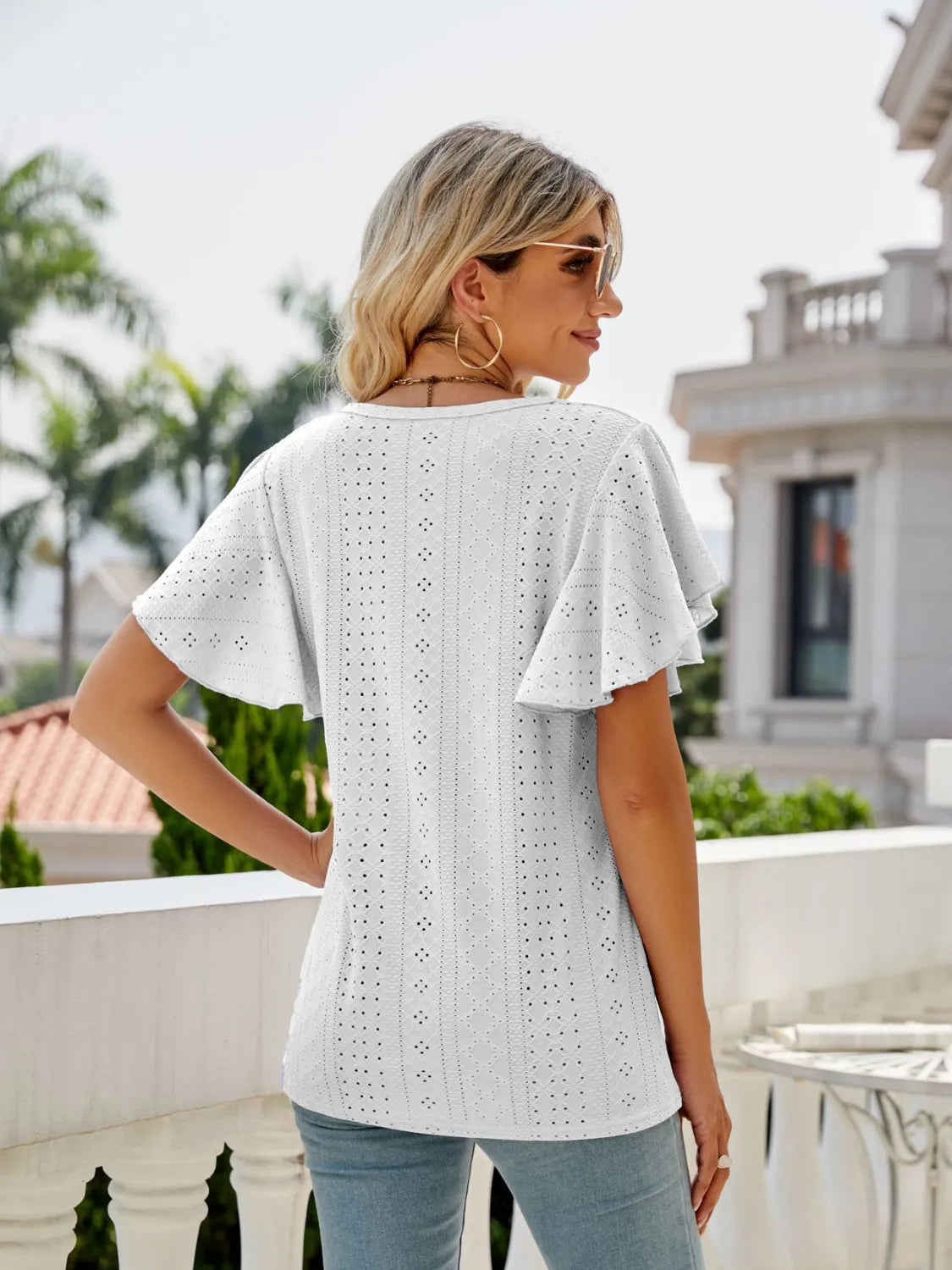 Eyelet Round Neck Flutter Sleeve T-Shirt