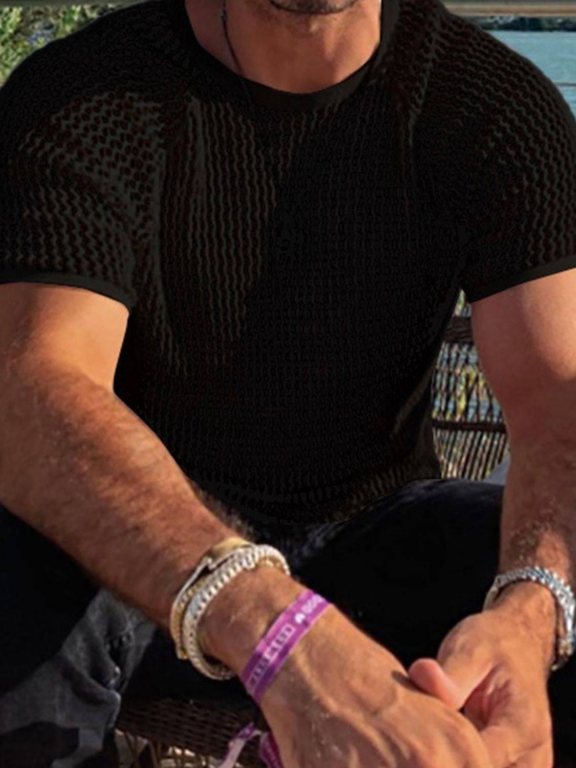 Men's Openwork Round Neck Short Sleeve T-Shirt - Clothes For Her Online Store