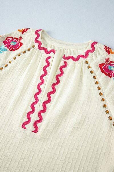 Floral Embroidered Notched Puff Sleeve Blouse - Clothes For Her Online Store