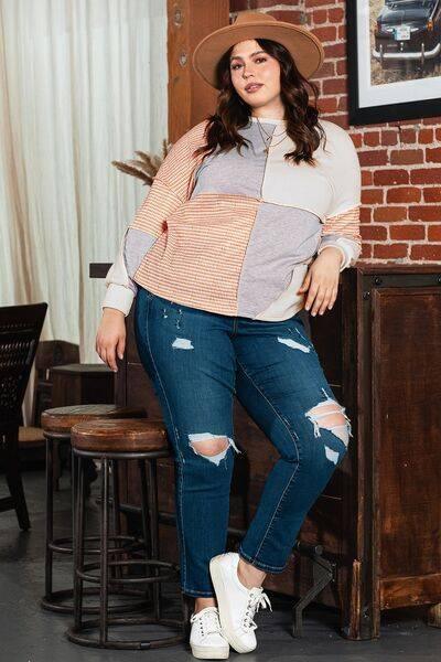 Plus Size Exposed Seam Color Block Round Neck Sweatshirt - Clothes For Her Online Store