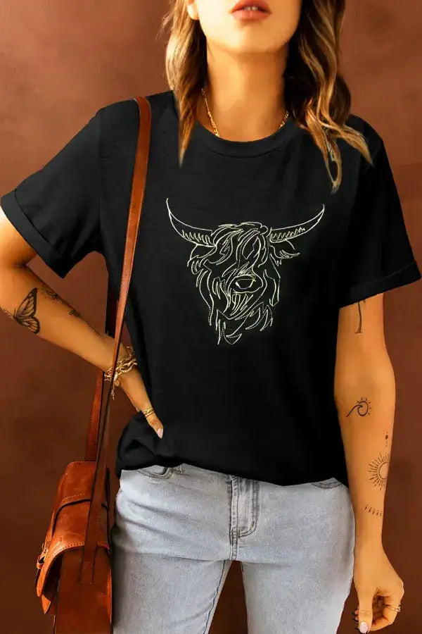Bull Head Embroidered Round Neck T Shirt - Clothes For Her Online Store