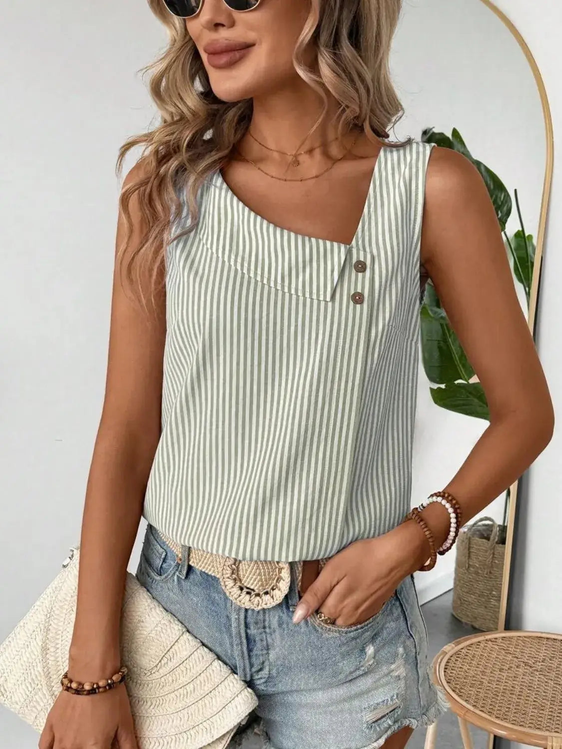 Decorative Button Asymmetrical Striped Tank