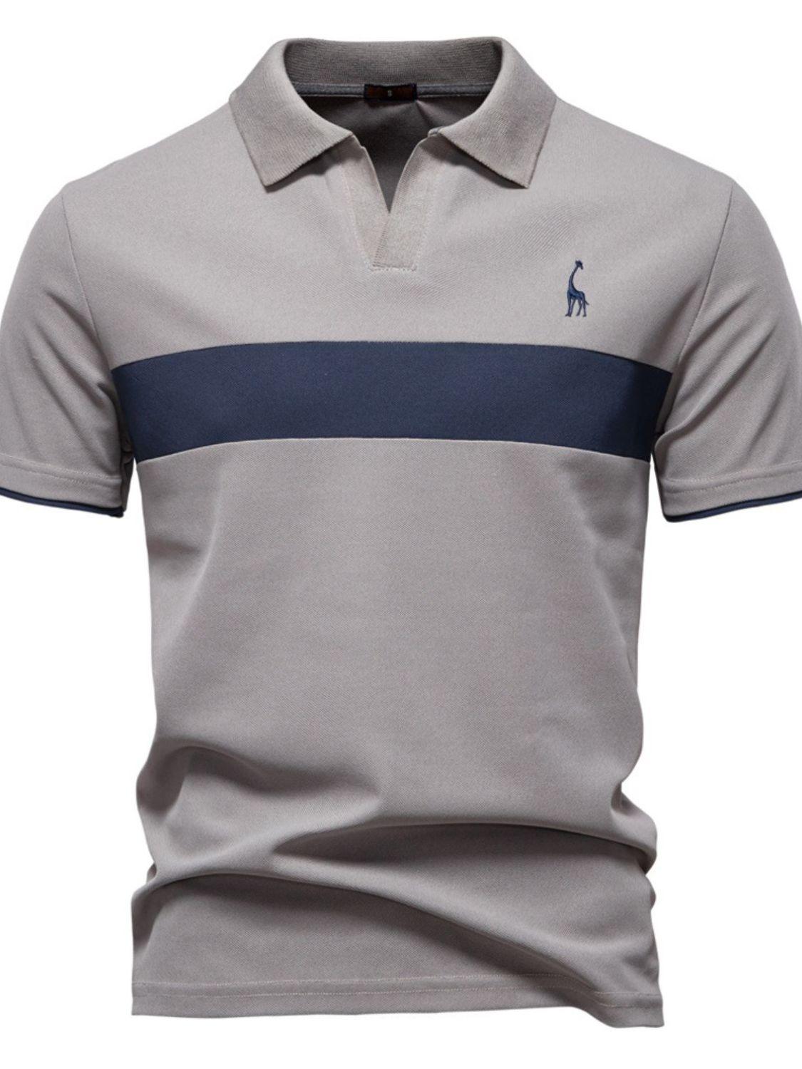Men's Giraffe Embroidered Collared Neck Contrast Polo - Clothes For Her Online Store