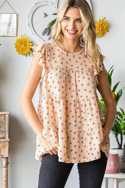 Heimish Full Size Butterfly Short Sleeve Round Neck Ditsy Floral Print Tiered Top Plus Size - Clothes For Her Online Store