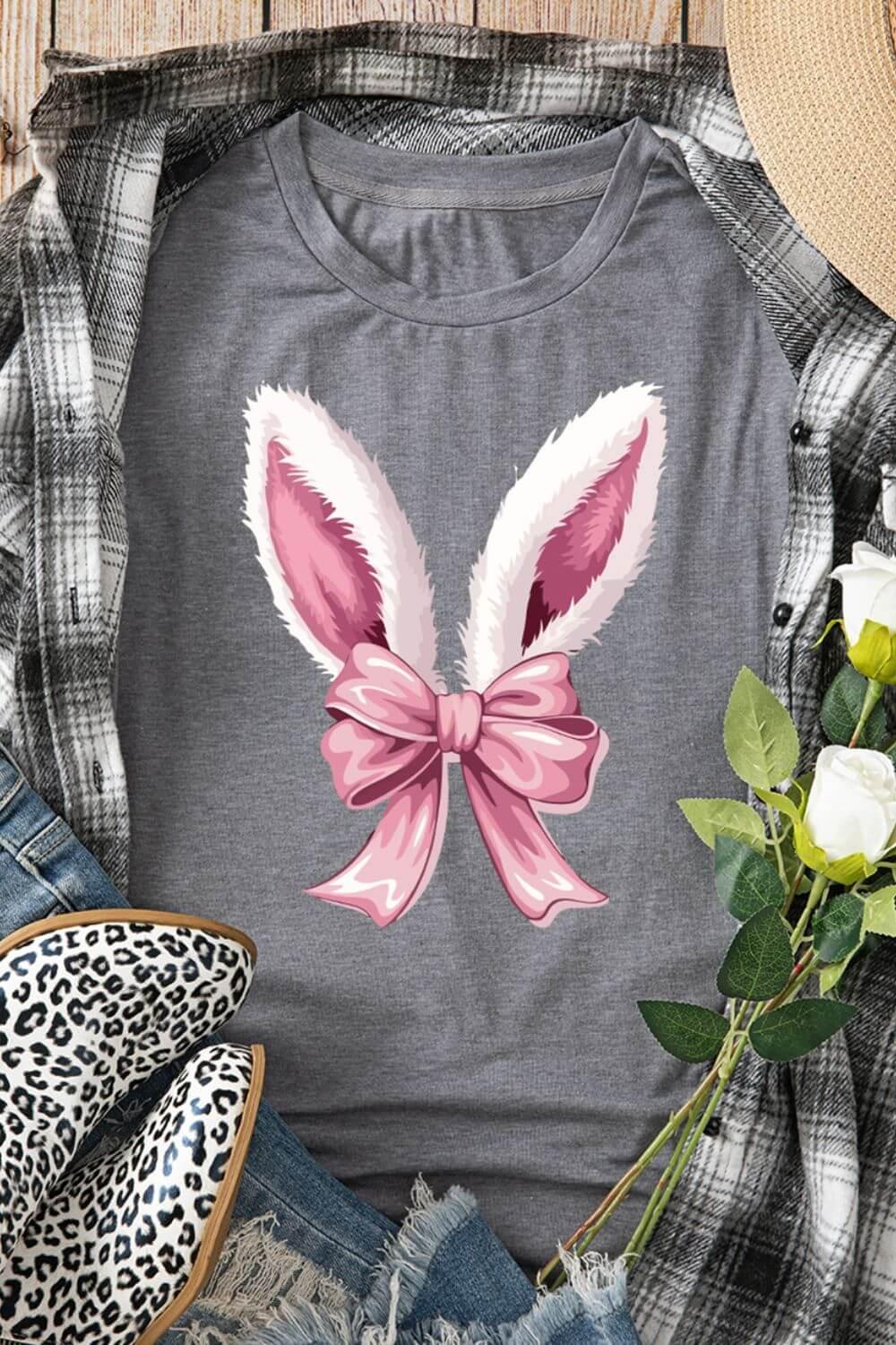 Bunny Ear Bow Graphic Short Sleeve T-Shirt - Clothes For Her Online Store