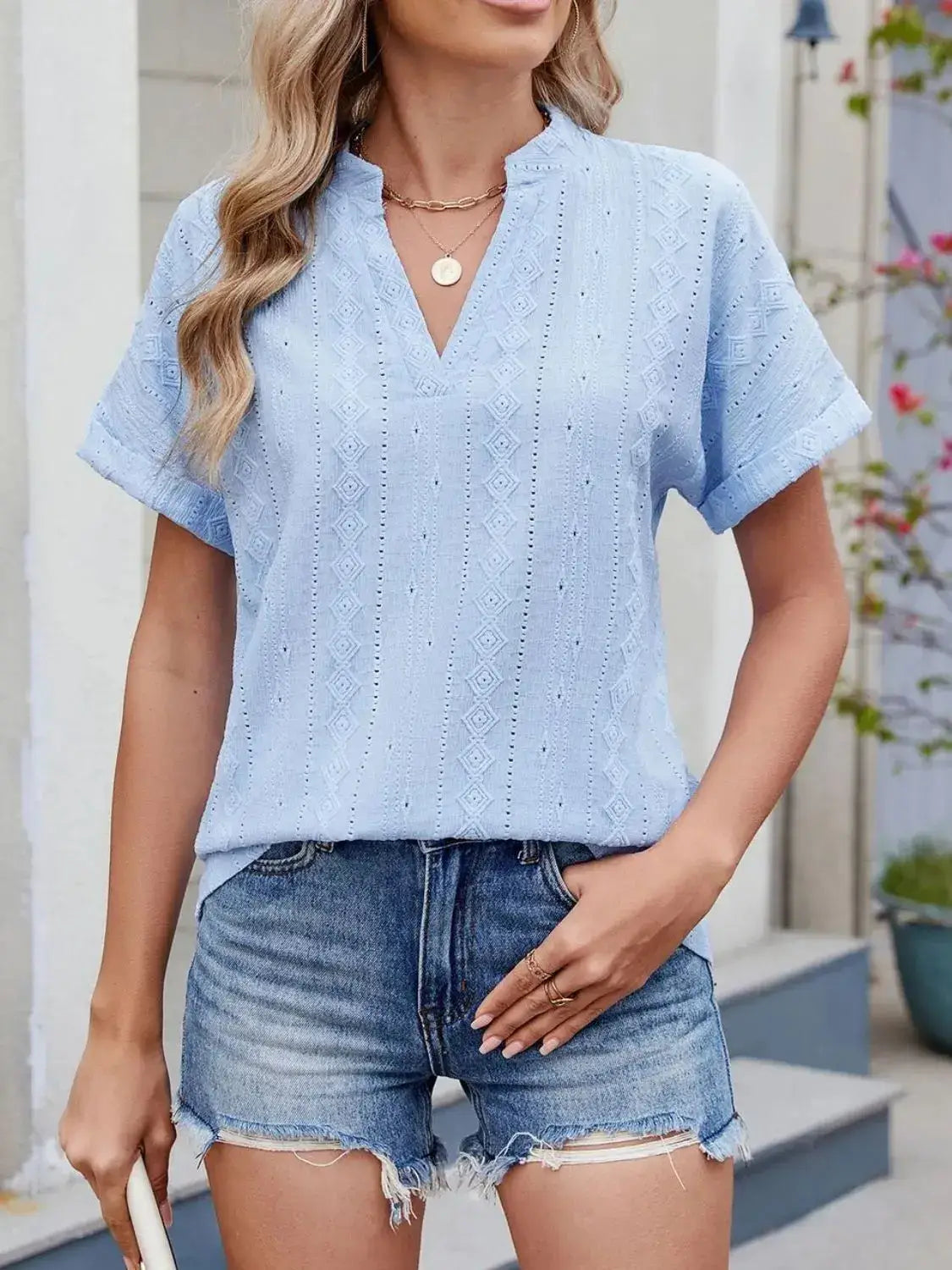 Eyelet Notched Short Sleeve Top - Clothes For Her Online Store