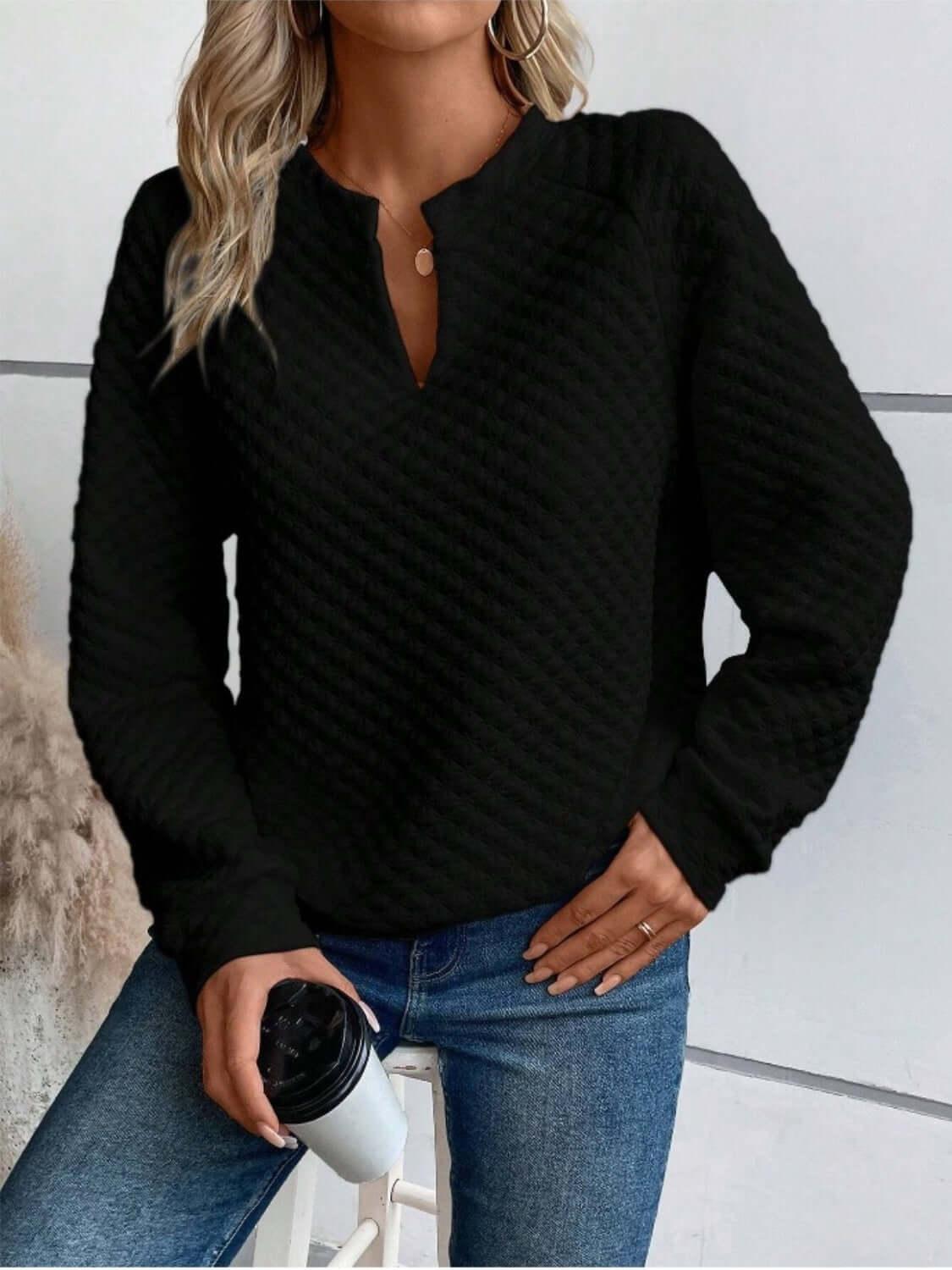 Notched Long Sleeve Sweatshirt - Clothes For Her Online Store