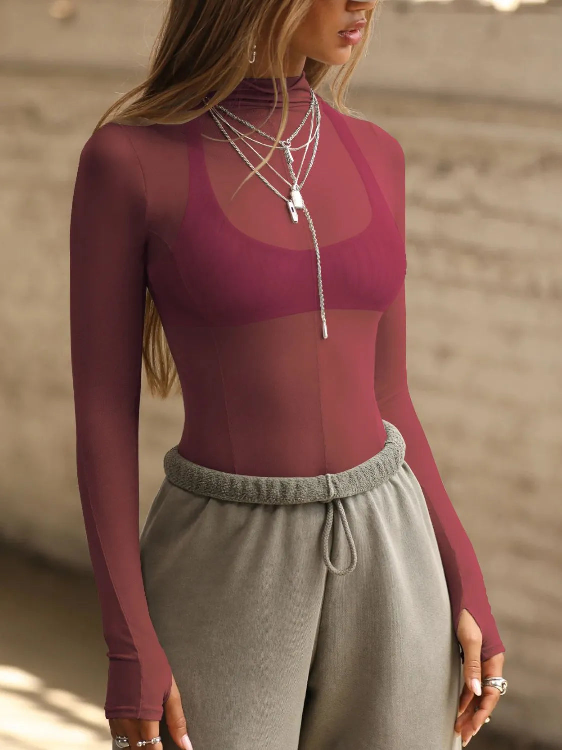 Mock Neck Long Sleeve Sheer Top