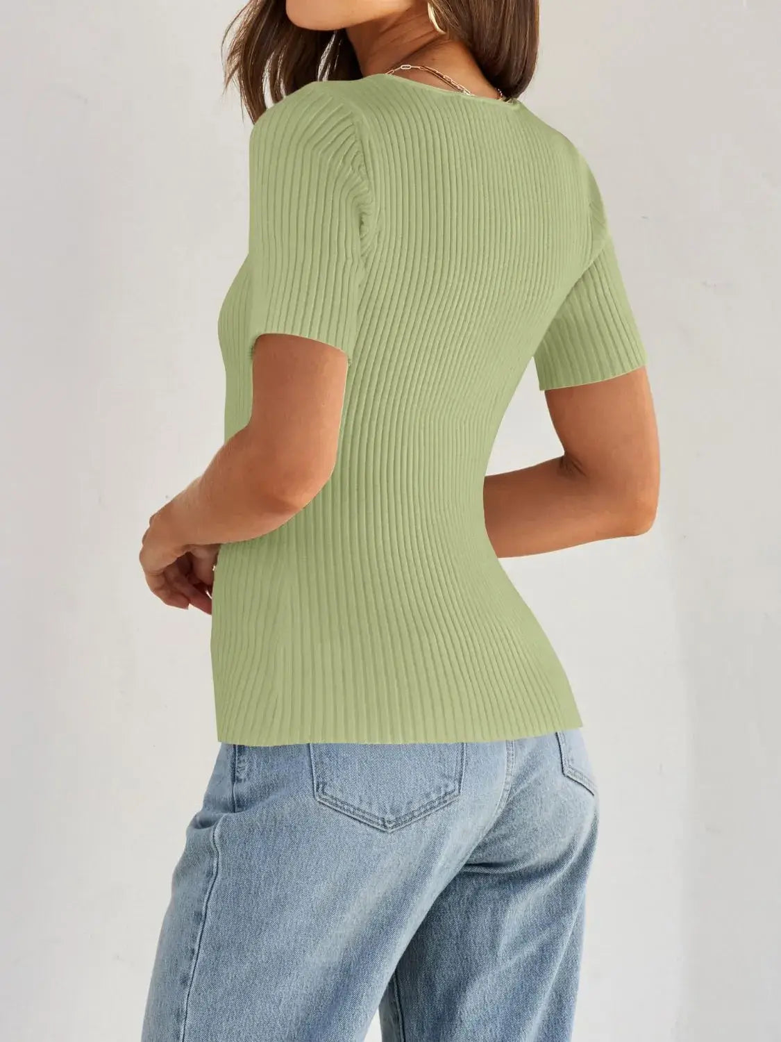 Ribbed Square Neck Short Sleeve Knit Top