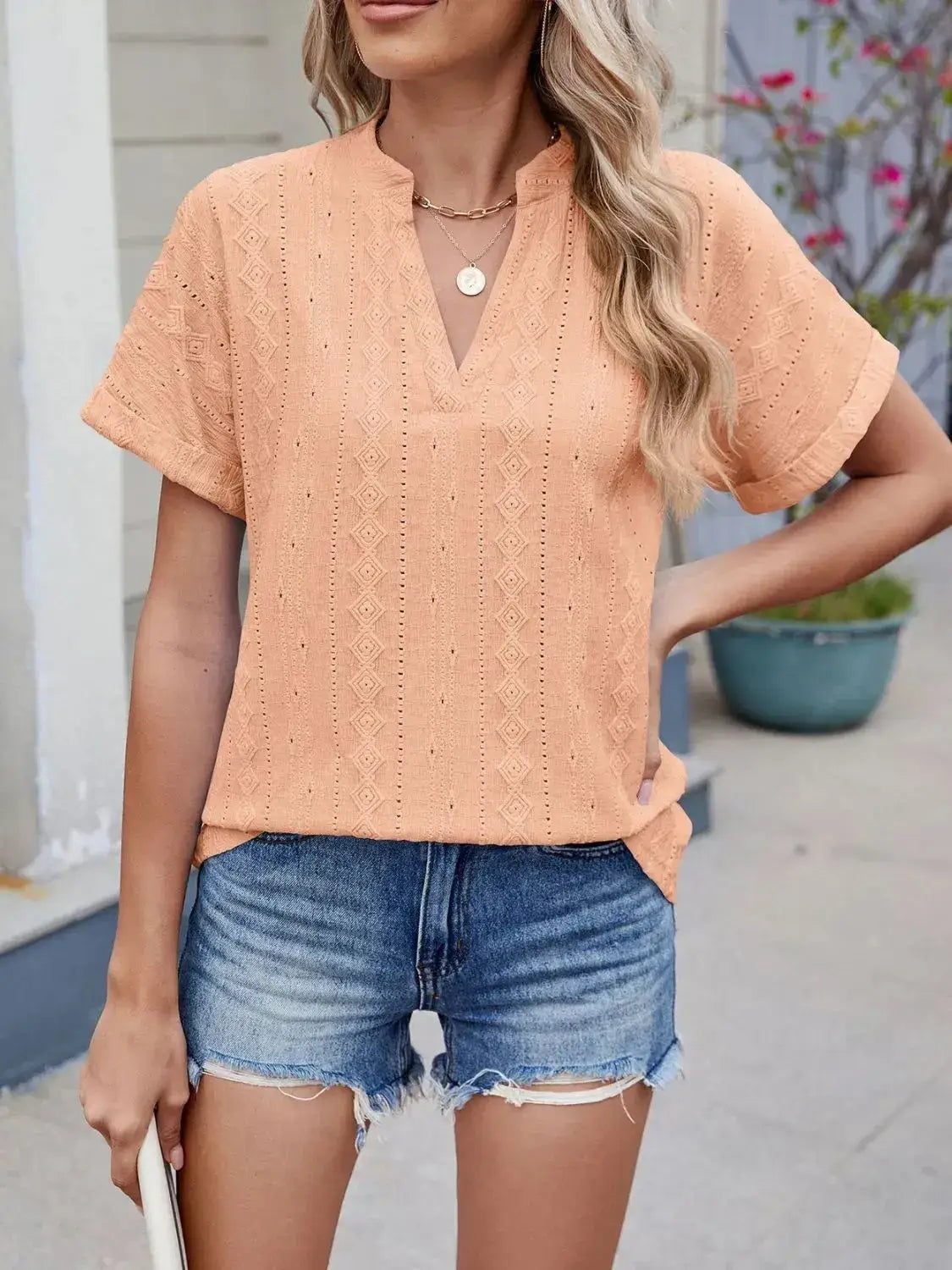 Eyelet Notched Short Sleeve Top - Clothes For Her Online Store