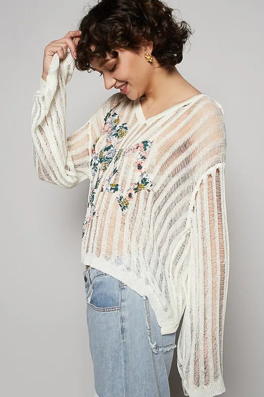 POL Floral Print Star Patch Lightweight Hooded Knit Cover Up