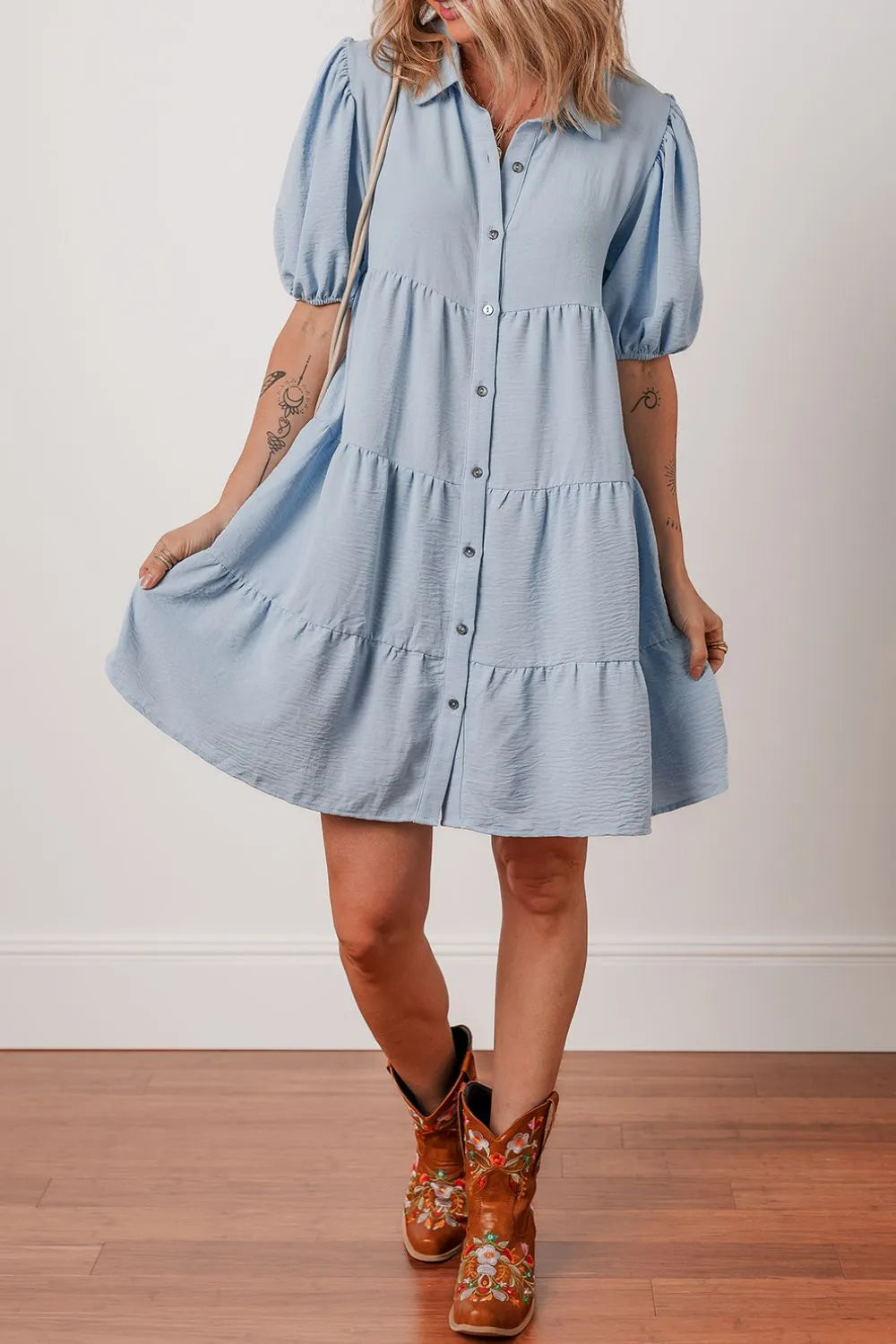 Button Up Puff Sleeve Tiered Shirt Dress