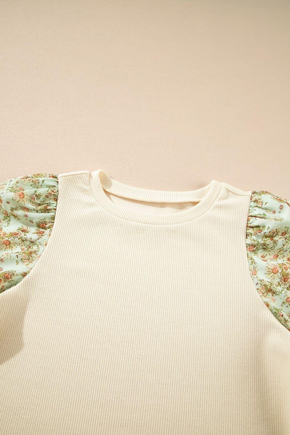 Floral Puff Sleeve Ribbed Blouse - Clothes For Her Online Store