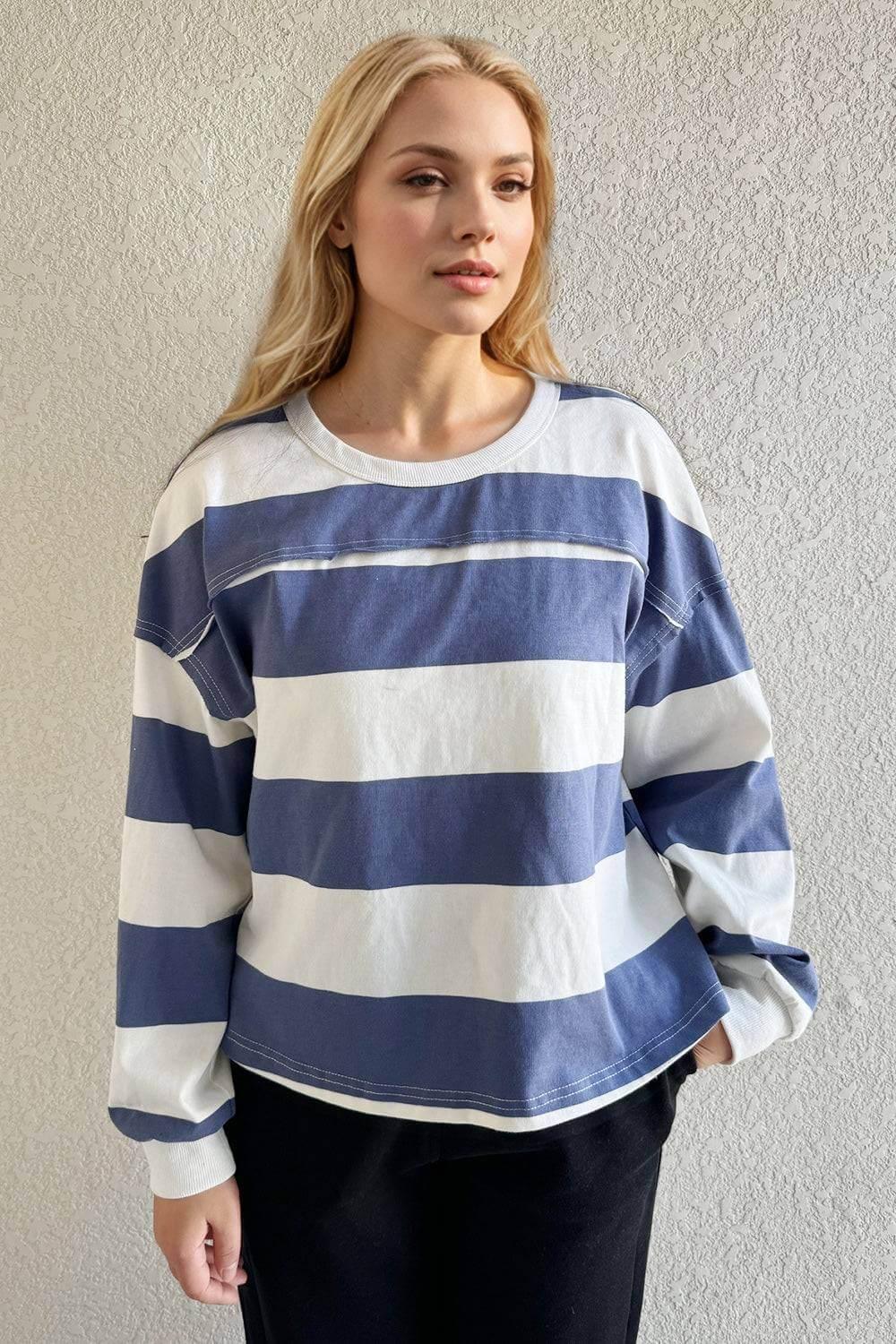 Oh Pima Cotton Wash Exposed Seam Contrast Striped Round Neck Long Sleeve T-Shirt - Clothes For Her Online Store