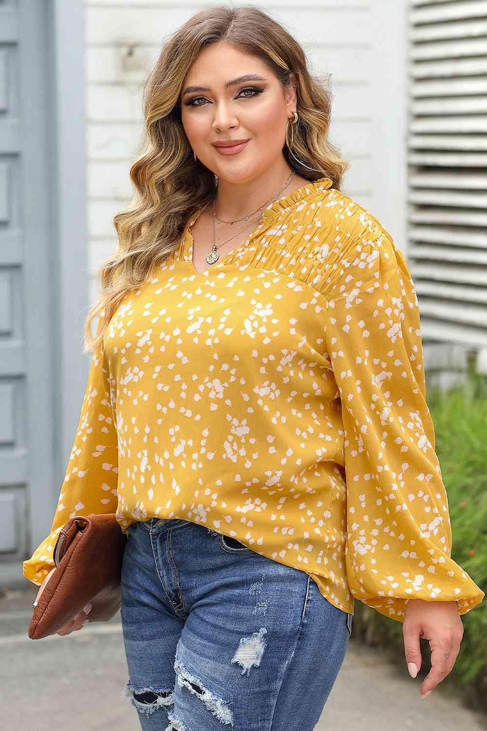 Plus Size Notched Neck Smocked Blouse - Clothes For Her Online Store