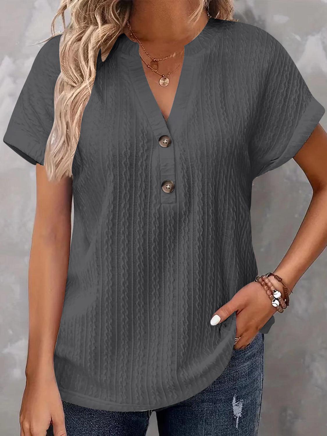 Textured Notched Short Sleeve Top - Clothes For Her Online Store