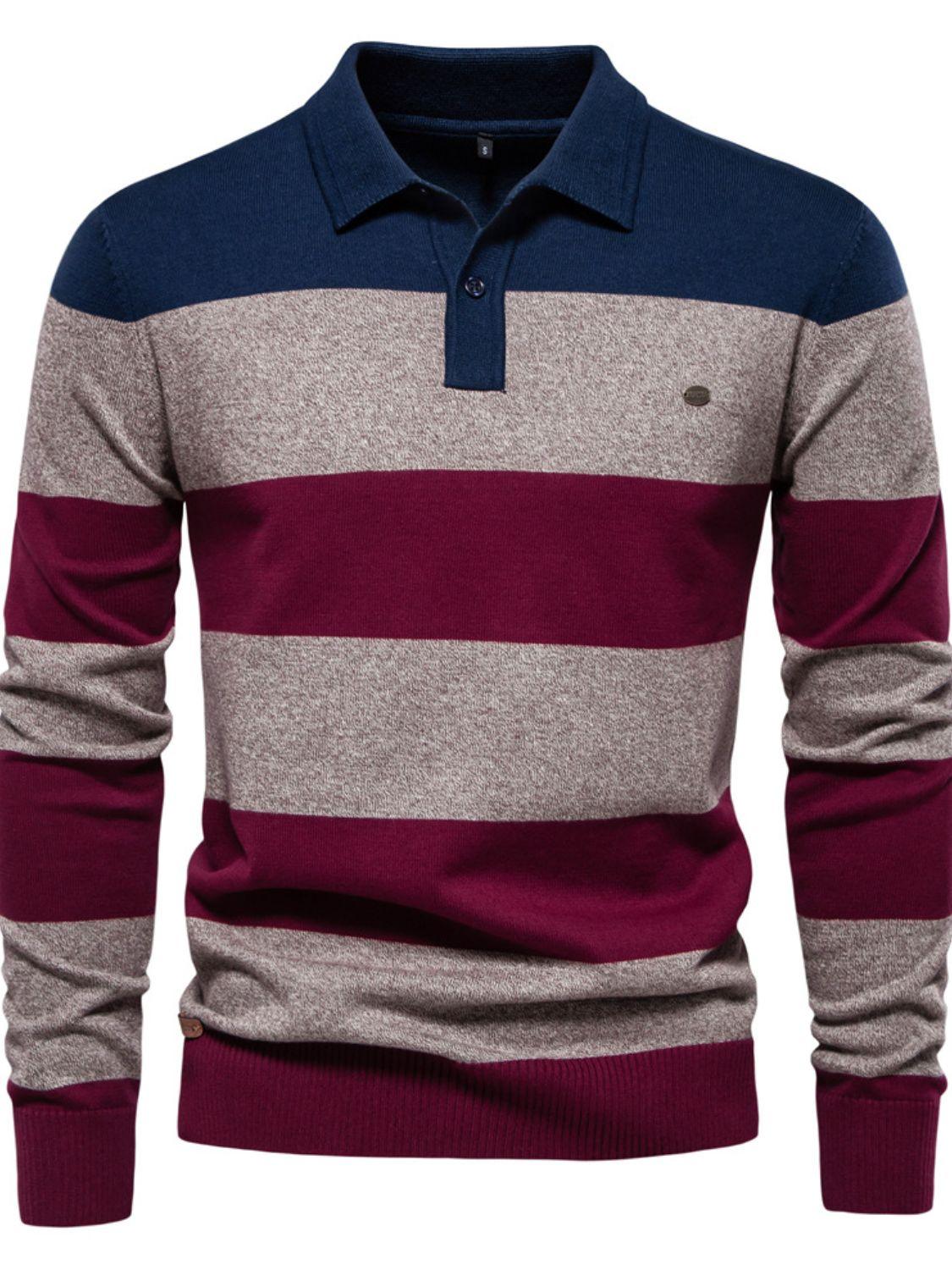 Men's Striped Long Sleeve Knit Polo - Clothes For Her Online Store