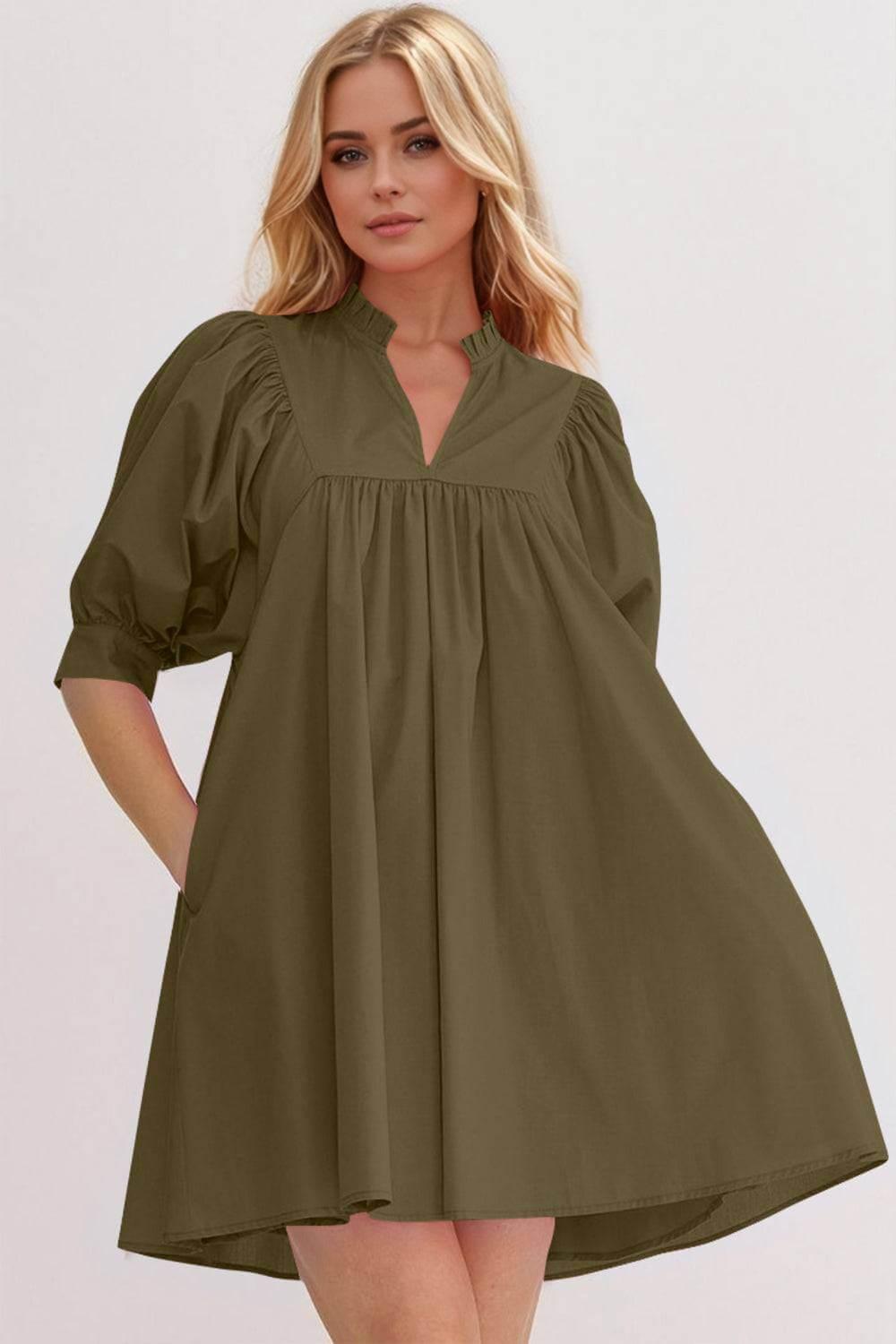 Oh Frill Notched Puff Sleeve Babydoll Mini Dress - Clothes For Her Online Store