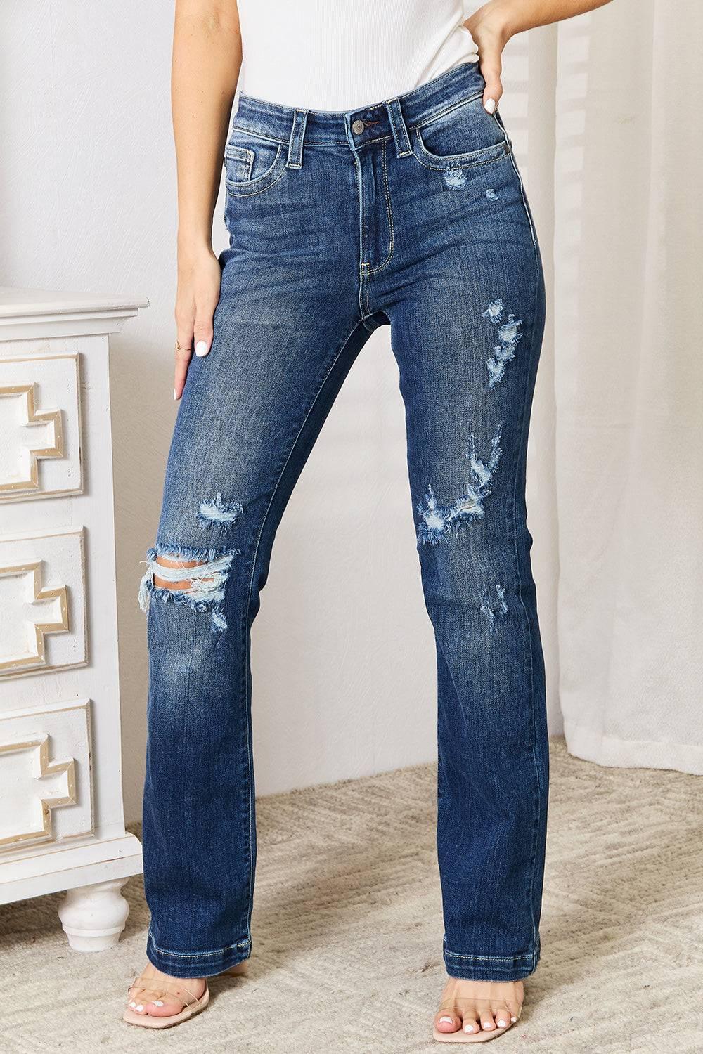 Judy Blue Full Size Mid Rise Hand Sand & Destroy Bootcut Jeans - Clothes For Her Online Store