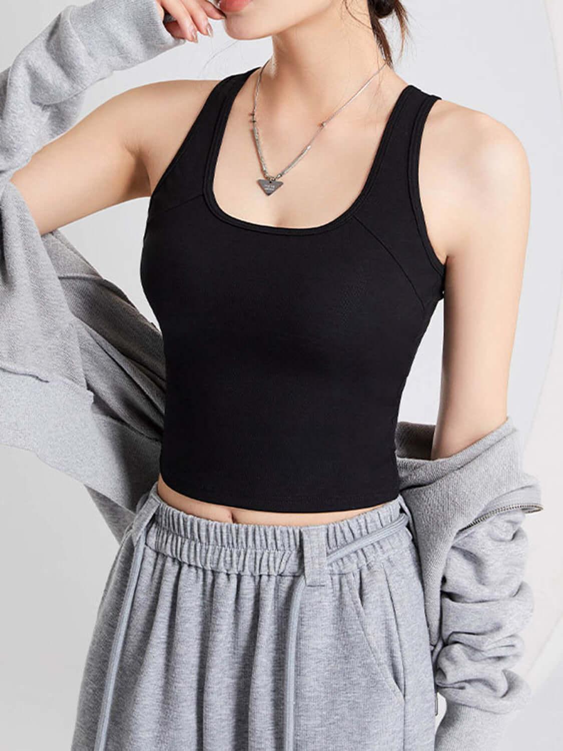 Crisscross Scoop Neck Wide Strap Cropped Tank with Chest Pads - Clothes For Her Online Store