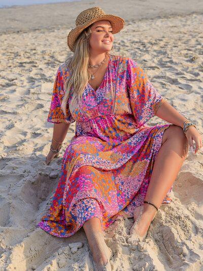 Plus Size Printed V-Neck Half Sleeve Maxi Dress - Clothes For Her Online Store