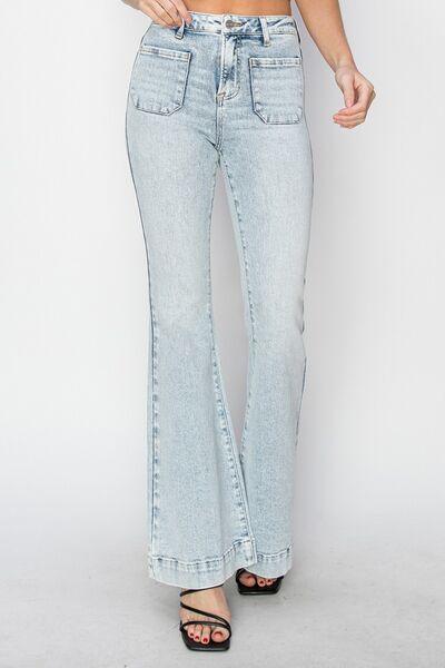 Risen Full Size High Rise Front Patch Pocket Flare Jeans - Clothes For Her Online Store