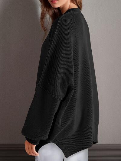 Double Take Side Slit Round Neck Long Sleeve Sweater - Clothes For Her Online Store