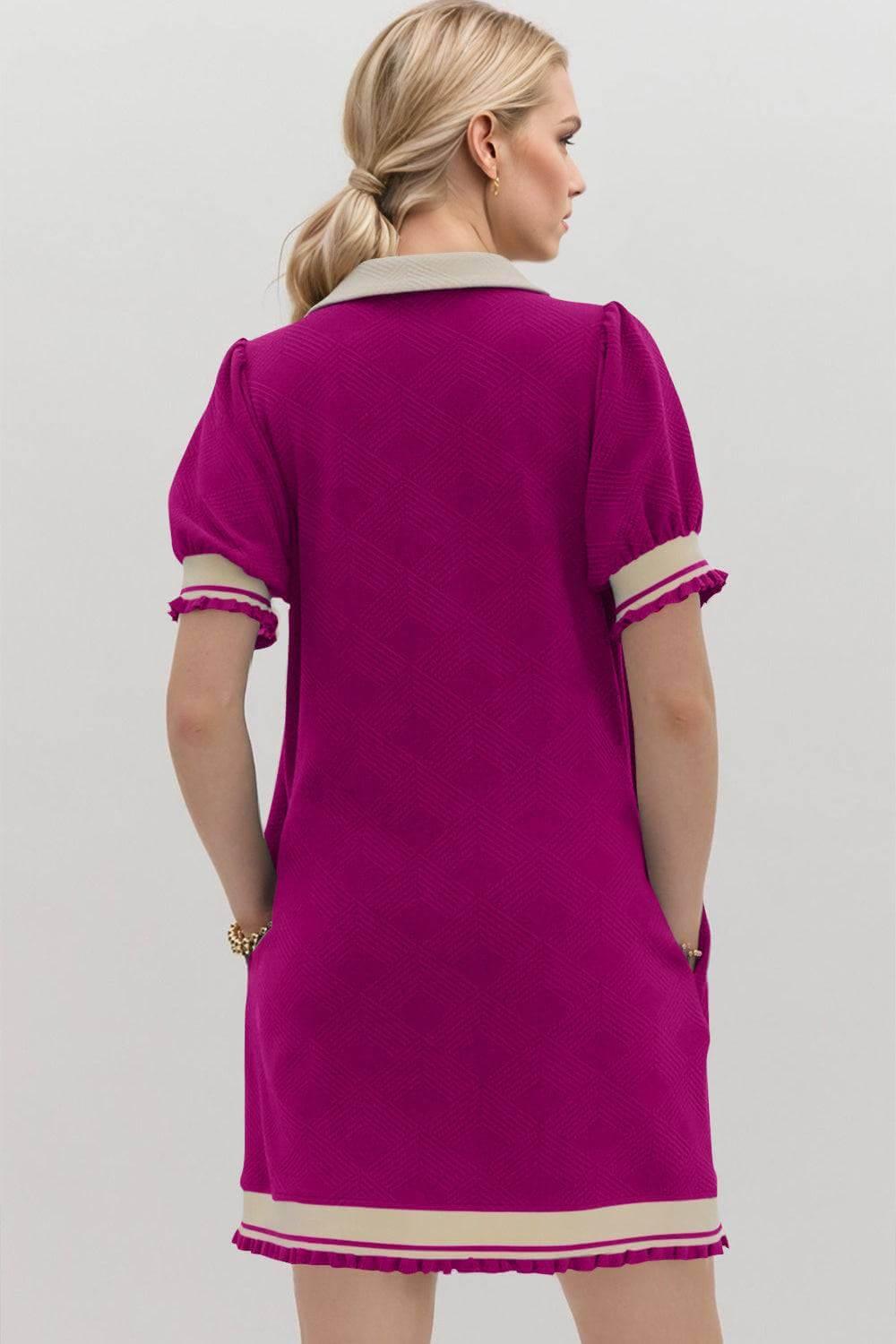 Oh Frill Contrast Trim Johnny Collar Short Sleeve Mini Dress - Clothes For Her Online Store