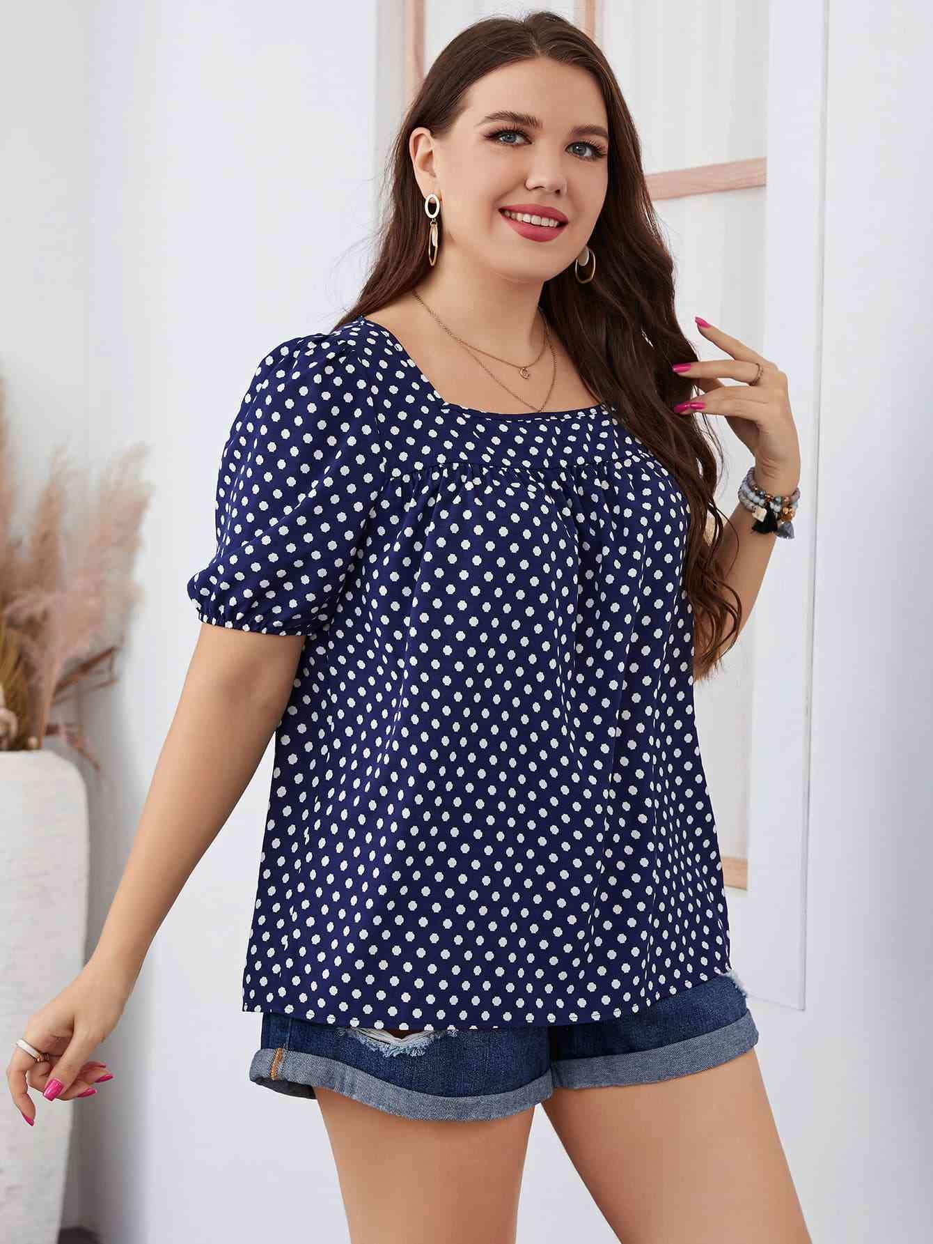 Honey Plus Size Polka Dot Square Neck Blouse - Clothes For Her Online Store