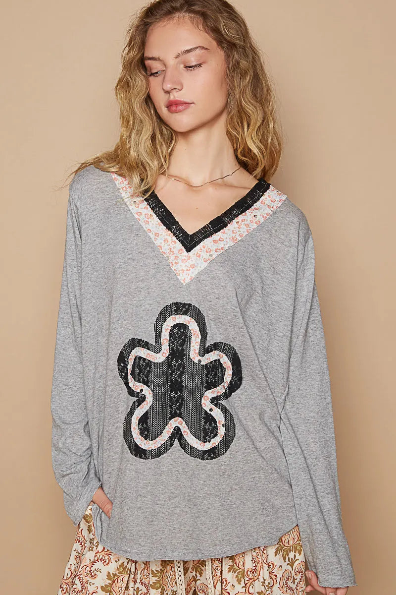 POL Lace Flower Patch Long Sleeve T-Shirt
