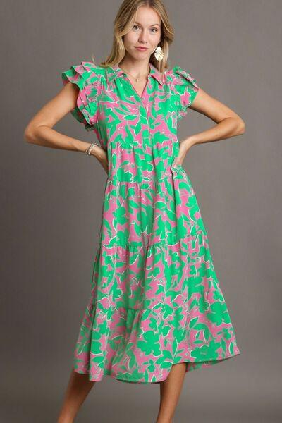 Umgee Full Size Floral Collared Ruffle Cap Sleeve Midi Dress Plus Size - Clothes For Her Online Store