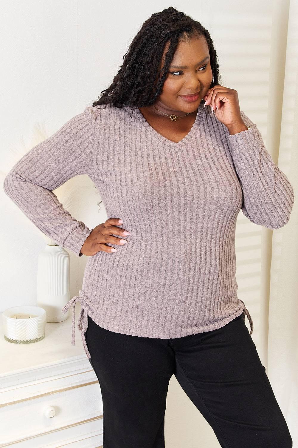 Double Take Drawstring Ribbed Long Sleeve T-Shirt - Clothes For Her Online Store