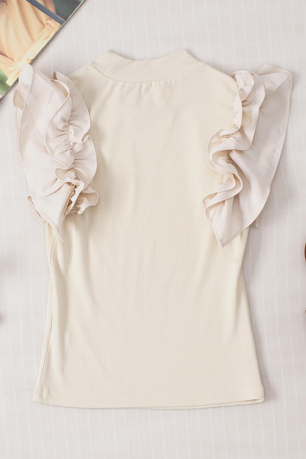 Ruffle Flutter Sleeve Mock Neck Ribbed Top - Clothes For Her Online Store