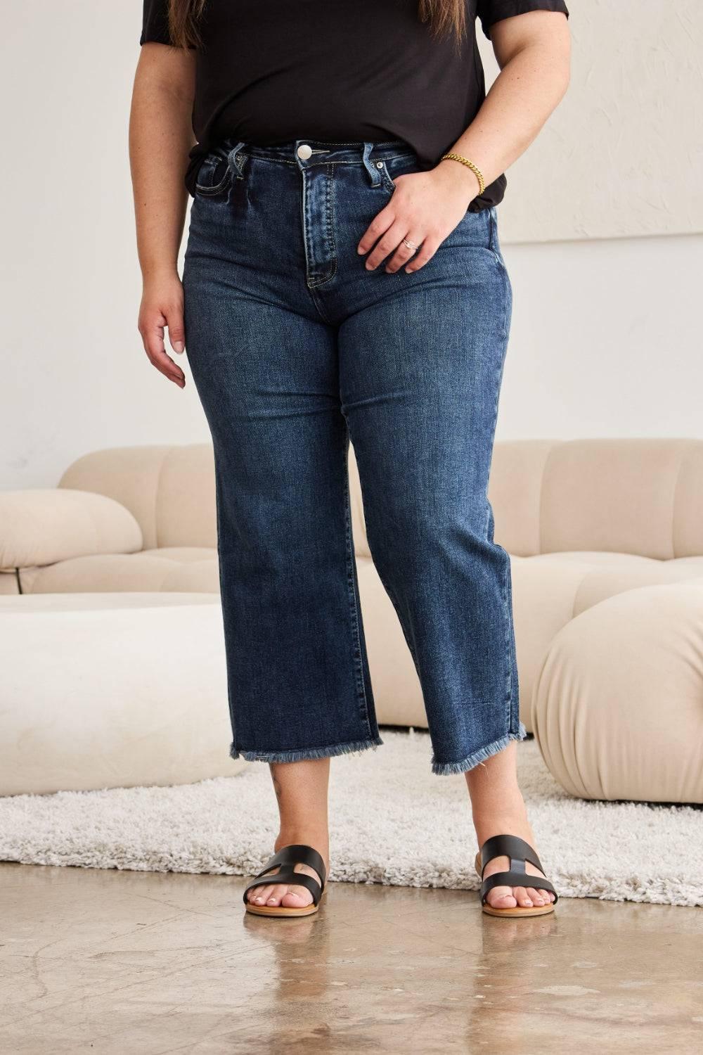 RFM Full Size Tummy Control High Waist Raw Hem Jeans - Clothes For Her Online Store