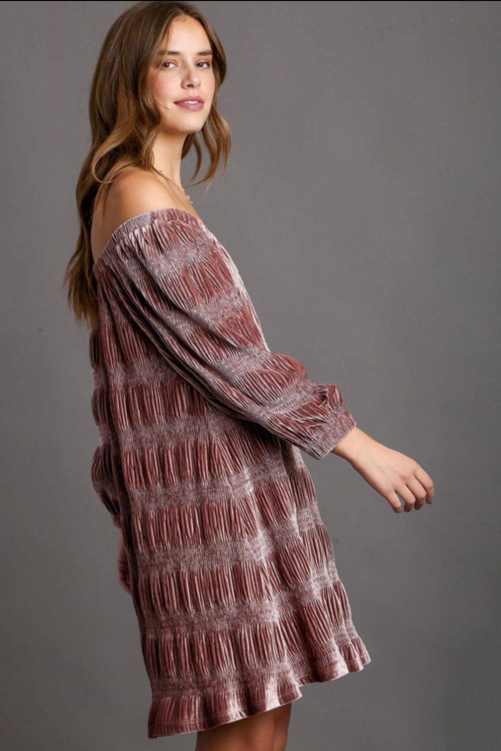 Umgee Off-Shoulder Balloon Sleeve Velvet Mini Dress - Clothes For Her Online Store