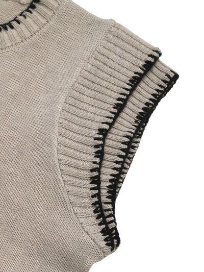 Perfee Contrast Trim Round Neck Cap Sleeve Knit Top - Clothes For Her Online Store