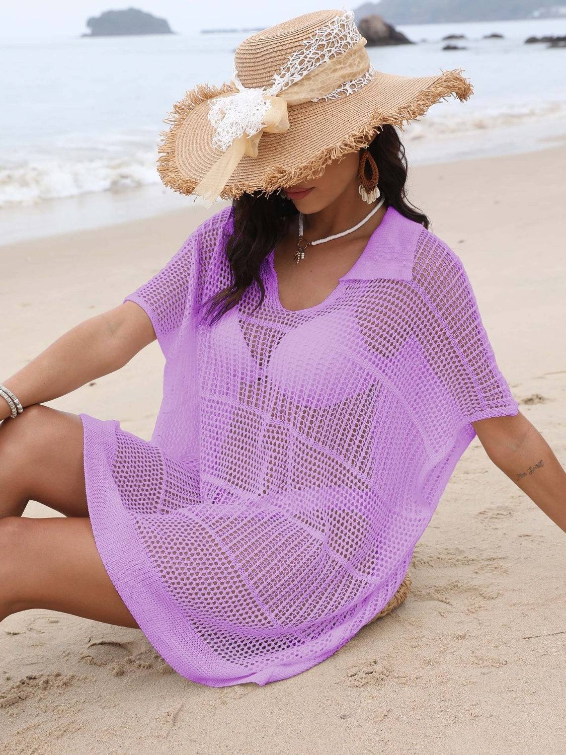 Hollow Out Collared Neck Cover-Up - Clothes For Her Online Store