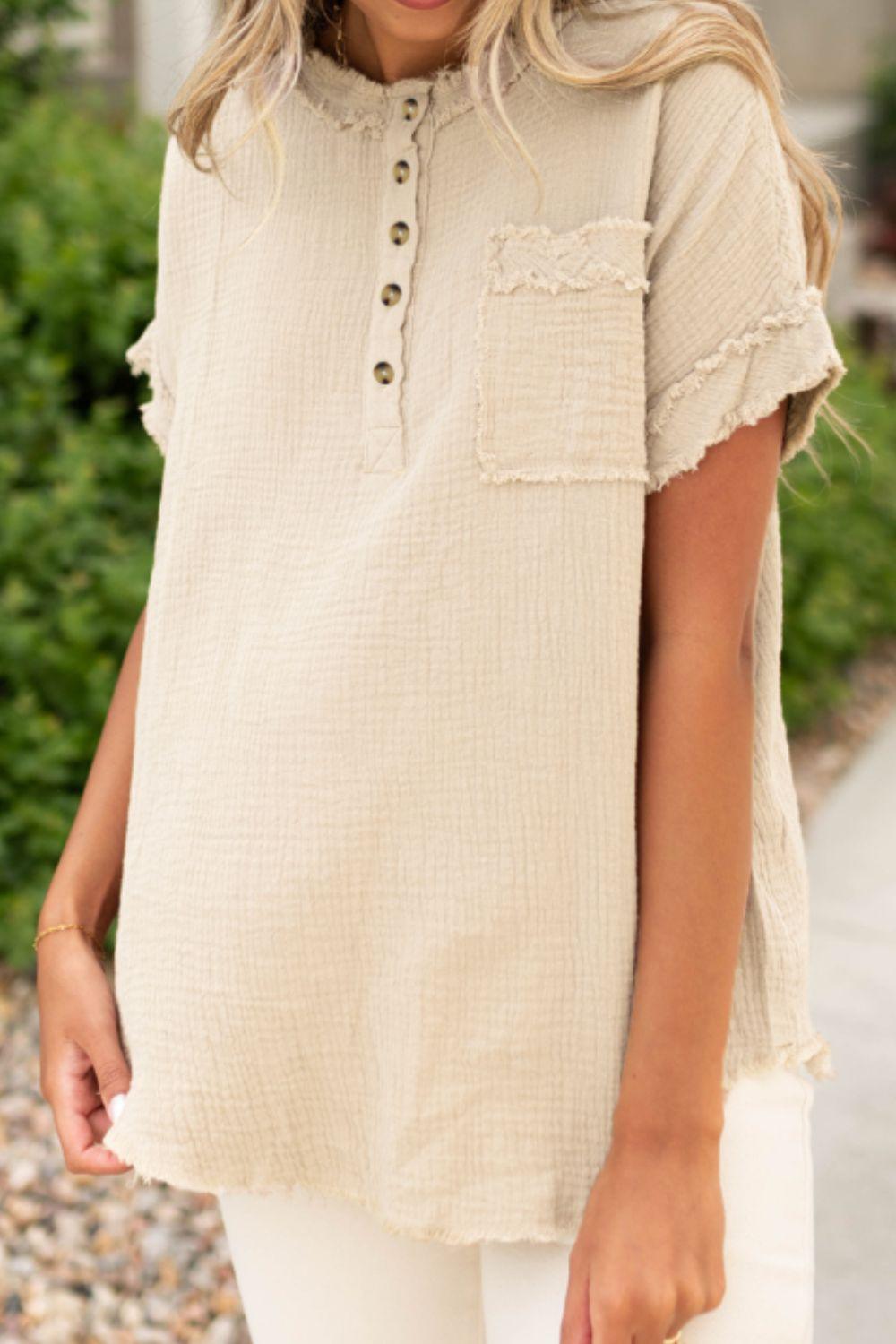 Textured Frayed Trim Half Button Short Sleeve Top - Clothes For Her Online Store