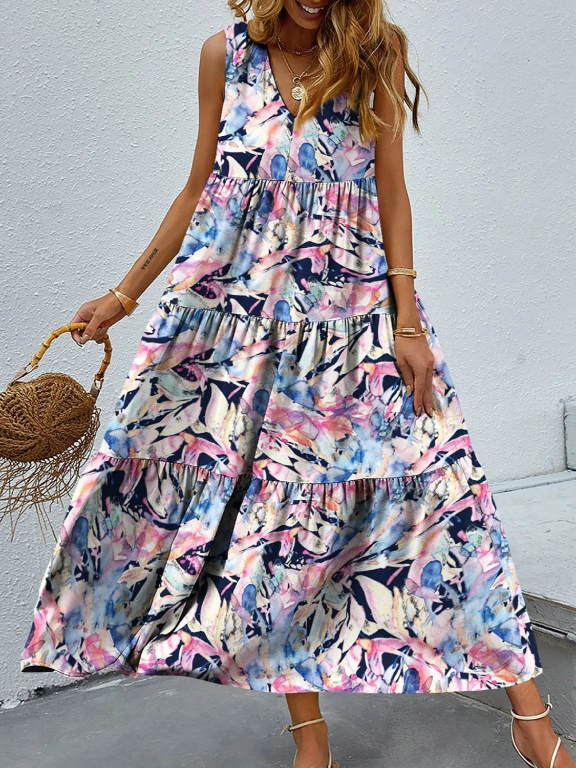 Printed V-Neck Tiered Maxi Tank Dress