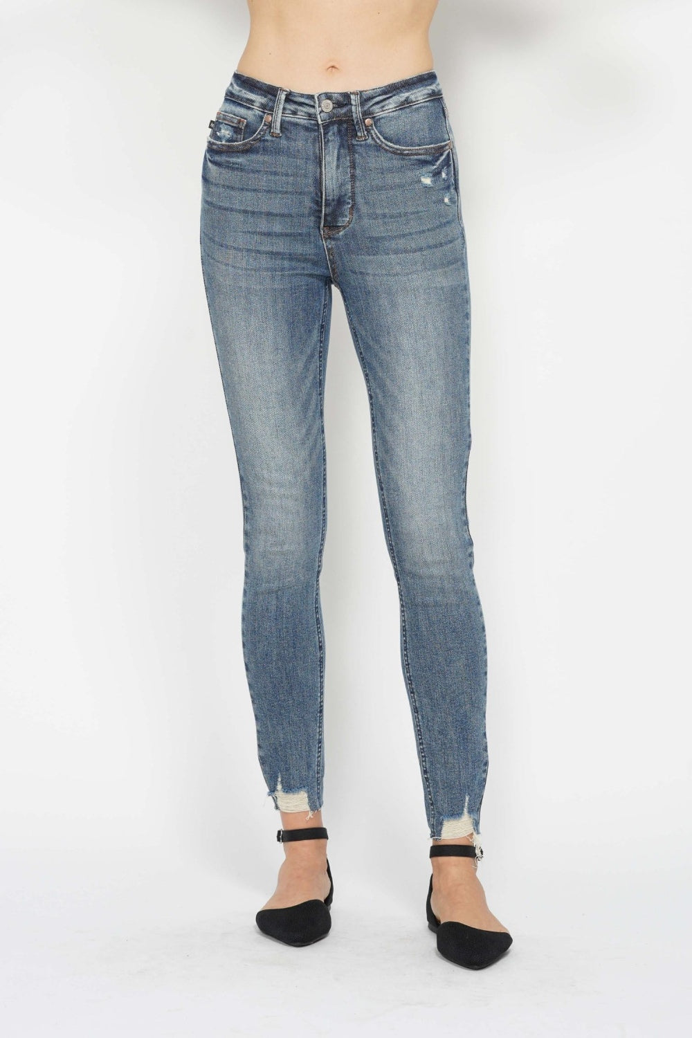 Judy Blue Full Size Tummy Control Vintage Wash Hem Destroy Skinny Jeans - Clothes For Her Online Store