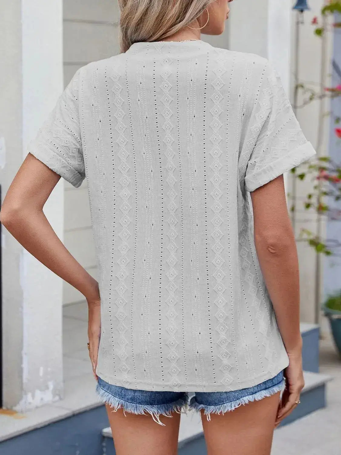Eyelet Notched Short Sleeve Top - Clothes For Her Online Store
