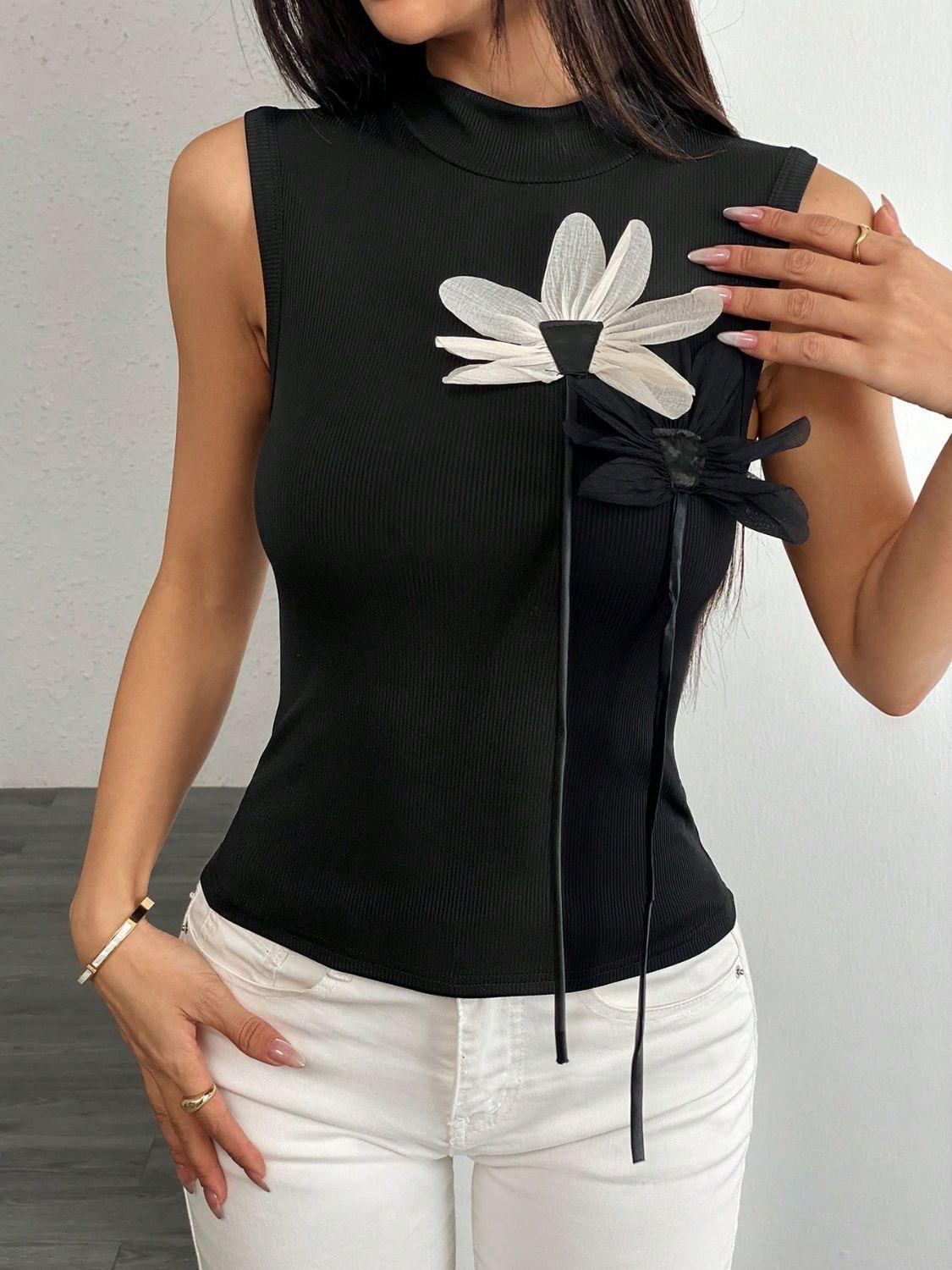 Flower Mock Neck Tank - Clothes For Her Online Store